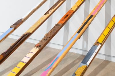 Lubaina Himid, Aunties (2023) (detail). Sixty-four painted wood planks. Dimensions variable. Exhibition view: Make Do and Mend, The Contemporary Austin – Jones Center on Congress Avenue, Texas (1 March–21 July 2024). Artwork © Lubaina Himid.