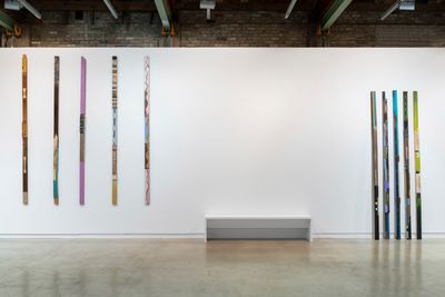 Lubaina Himid, Aunties (2023). Sixty-four painted wood planks. Dimensions variable. Exhibition view: Make Do and Mend, The Contemporary Austin – Jones Center on Congress Avenue, Texas (1 March–21 July 2024). Artwork © Lubaina Himid.