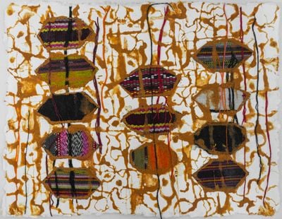 Maria Madeira, Lips to Kiss and Don't Tell (Ibun Kulit ba Rei no Labele Koalia) – Study III (2023). Tais (traditional East Timorese cloth), red earth, glue, and sealer on paper. 22 x 29 cm.