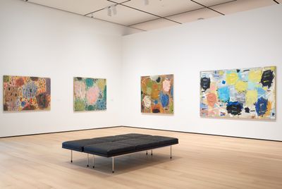 Left: Stanley Whitney, Untitled (1979). Acrylic on canvas. 121.9 x 177.8 cm. Private collection. Exhibition view: How High the Moon, Buffalo AKG Art Museum, New York (9 February–26 May 2024).