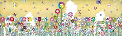 Takashi Murakami, Summer Flower Field under the Golden Sky (2023–24). Acrylic and gold leaf on canvas mounted on wood panel. 300 x 1000 cm.