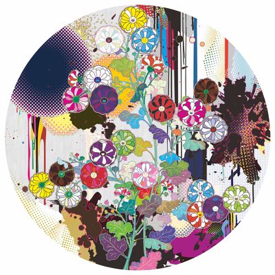 Takashi Murakami, Kōrin’s Flowers and Abstract Imagery (2023–24). Acrylic, gold leaf, and platinum leaf on canvas mounted on wood panel.