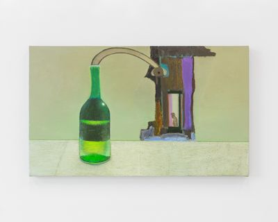 Anna Glantz, Thinking of Somewhere Else (2025). Oil on dyed canvas over panel. 48.3 x 81.3 cm.