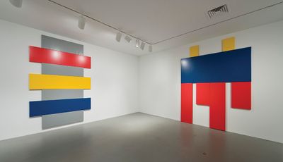 Left to right: Joe Bradley, ABC Painting (2007–2008). Vinyl on wood, multiple parts. 290 x 175 cm; Peter and Paul (2007–2008). Vinyl on wood, multiple parts. 303 x 214 cm. Exhibition view: Whitney Biennial 2008, Whitney Museum of American Art, New York (6 March–1 June 2008).