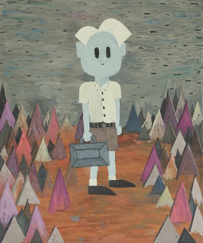 Painting of cartoon boy holding suitcase in mountainous landscapes.