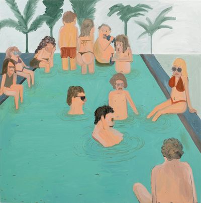 Painting of cartoon figures in swimsuits lounging by the pool. 
