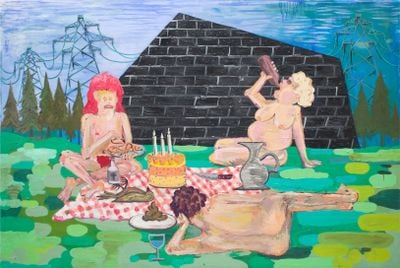 Painting of three nude cartoon figures having a picnic of wine, cake, and worms.
