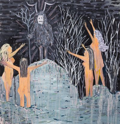 Painting of four nude cartoon women worshiping horned creature standing on large rock. 