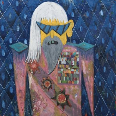 Painting of old desiccating rockstar wearing dark shades, shoulder pads, and long white hair.