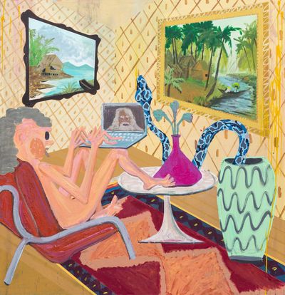 Painting of naked cartoon figure in living room conversing with God on video chat. 