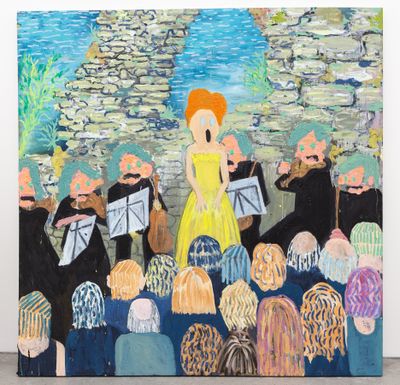 Painting of cartoon singing woman besides band facing a small audience.
