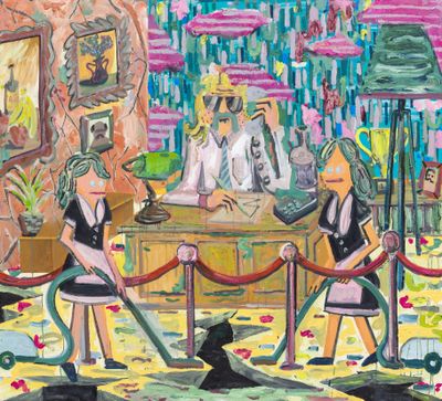 Painting of two cartoon maids vacuuming the hotel lobby besides a receptionist wearing black shades.  