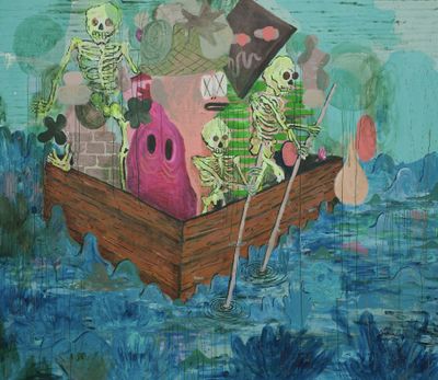 Painting showing cartoon monsters and skeletons on boat navigating at sea.