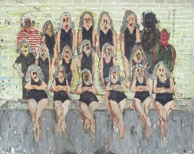 Painting showing three rows of hallowed elderly swimmers posing for group portrait.