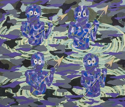 Painting showing four purple sea creatures in green waters.