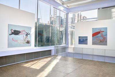 Left to right: Xinyi Cheng, Midday Troubles (2021); Swimmers (2021); Red Kayak (2020). Exhibition view: