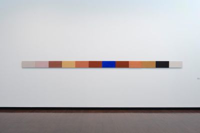 D Harding, We breathe together (2017–present). Ochre, charcoal and synthetic pigment on glass. 22 x 542 cm (12 panels overall, each 22 x 45 cm).