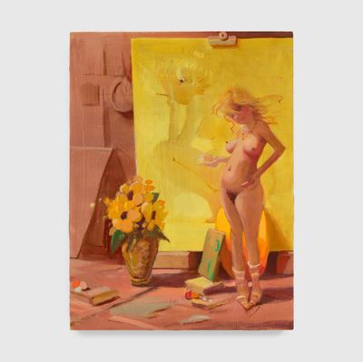 Lisa Yuskavage, Posing with Sunflowers (2023). Oil on wood panel. 30.5 x 22.9 cm.