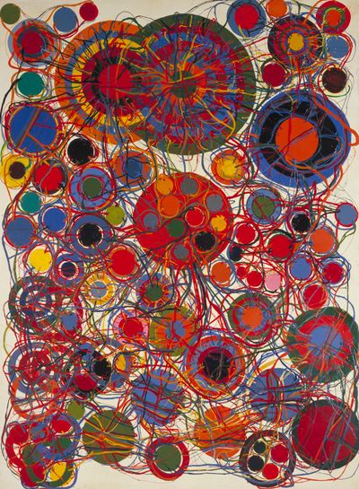 Atsuko Tanaka, Gate of Hell (1965–69). Vinyl paint and acrylic on canvas. 331.5 x 245.5 cm. Collection of The National Museum of Art, Osaka.
