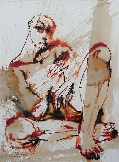 Elmer Borlongan, Lounge (2024). Coffee and ink on Fabriano paper. 62.2 x 45.1 cm.