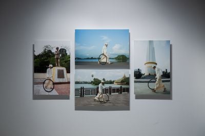 Moe Satt, Bicycle Tyre Rolling Event from Yangon (2013). Exhibition view: Everyday Practices, Singapore Art Museum at Tanjong Pagar Distripark (30 August 2024–20 July 2025).