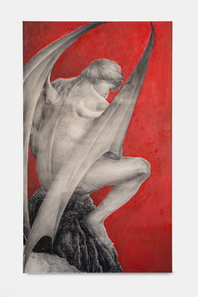 Yage Guo, Ethereal Watcher (2024). Charcoal, graphite, watercolour, and oil on canvas. 170 x 100 cm.