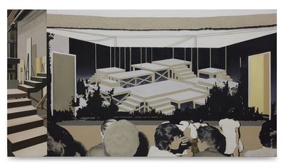 Leylâ Gediz, İzleyiciler (2024). Oil on linen. 120 x 220 x 5 cm.