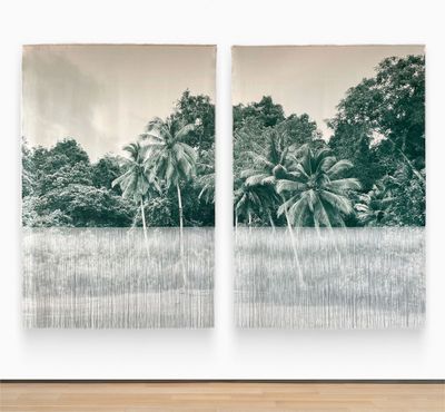 Ana González, MORROMICO (2023), Diptych sublimation printing on roughened tarp. 215.9 x 148.6 cm.