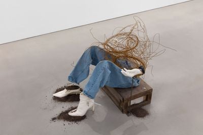 Anne Hardy, Being (Immaterial) (2023–2024). Artists clothes, rusted wire, shells, welded steel, jesmonite, jewellery, cast concrete, bronze, pewter, white metal, dried plant, earth. 82 x 116 x 130 cm. © Anne Hardy.