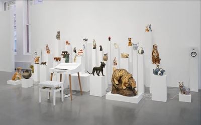 Oliver Beer, Cat Orchestra (2024). 37 hollow containers and sculptures, pedestals, microphones, speakers, sound equipment. Dimensions variable.