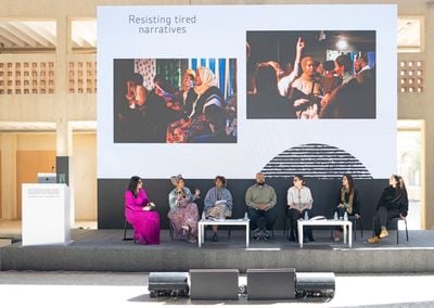 Hadeyeh Nader Badri moderating the panel 'Identity, Memory and Materiality' with Ayan Cilmi, Fozia; Ismail (dhaqan collective); Soledad Muñoz, Matthew Asaminew (Woven Memory); María José Murillo (Noqanchis); Yasmeen Mjalli (Nöl Collective) at March Meeting, Sharjah Art Foundation (1–3 March 2024).