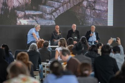 Ismail Al Rifai moderating the panel 'New Visions Case Study: Art as an Act of Change and Resistance', with Nabil Anani, Sliman Mansour, Tayseer Barakat, Vera Tamari (New Visions) at March Meeting, Sharjah Art Foundation (1–3 March 2024).
