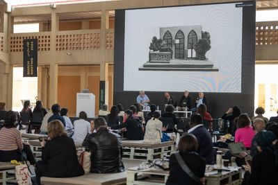 Ismail Al Rifai moderating 'New Visions Case Study: Art as an Act of Change and Resistance' panel, with Nabil Anani, Sliman Mansour, Tayseer Barakat, Vera Tamari (New Visions) at March Meeting, Sharjah Art Foundation (1–3 March 2024).
