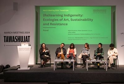 Hadeyeh Nader Badri moderating the panel 'Identity, Memory and Materiality' with Ayan Cilmi, Fozia, Ismail (dhaqan collective); Soledad Muñoz, Matthew Asaminew (Woven Memory); María José Murillo (Noqanchis); Yasmeen Mjalli (Nöl Collective) at March Meeting, Sharjah Art Foundation (1–3 March 2024).