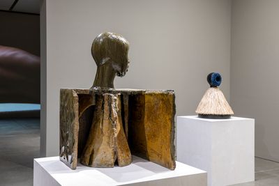 Left to right: Simone Leigh, Breeze Box (2022); No Face (House) (2020). Exhibition view: Institute of Contemporary Art, Boston (6 April–4 September 2023). Photo: Timothy Schenck.