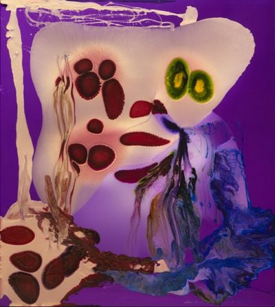 Dale Frank, Emma loved the thought of just for once being herself, it was a boarding pass she had long thought about, but then her inflated ego drowning in her own beauty would spew out copious objections (2024). Translucent dye, colour powder pigment, epoxy glass on perspex. 200 x 180 cm.
