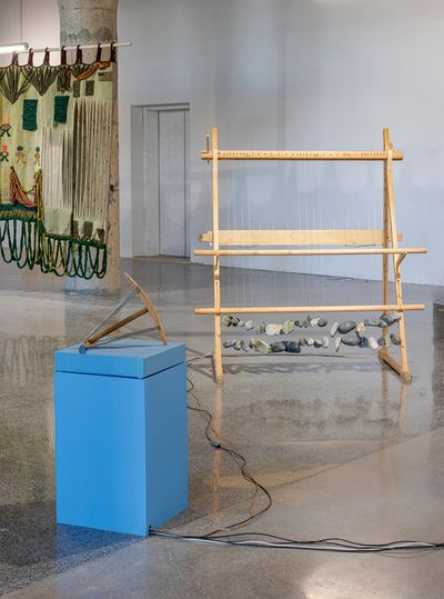 Elina Waage Mikalsen, Mun bijan iežan beallji ránu beallji vuostá - I lay my ear against the weave’s ear (2019). Exhibition view: Precarious Joys, Toronto Biennial of Art, The Auto BLDG, 9th Floor (21 September–1 December 2024).