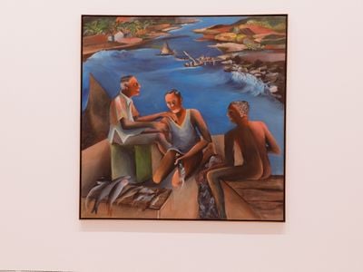Bhupen Khakhar, Fishermen in Goa (1985). Oil on canvas. 168 × 168 cm. Exhibition view: Stranieri Ovunque – Foreigners Everywhere, 60th International Art Exhibition – La Biennale di Venezia (20 April–24 November 2024).