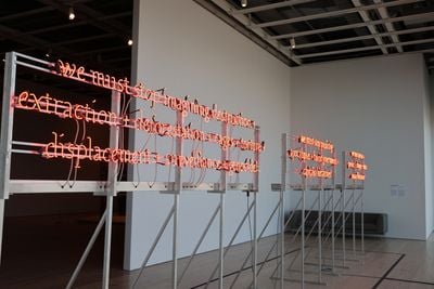 Demian DinéYazhí, we must stop imaging apocalypse / genocide + we must imagine liberation (2024). Exhibition view: Whitney Biennial 2024, Even Better Than the Real Thing, Whitney Museum of American Art, New York (20 March–11 August 2024). Photo: Nora Gomez-Strauss.