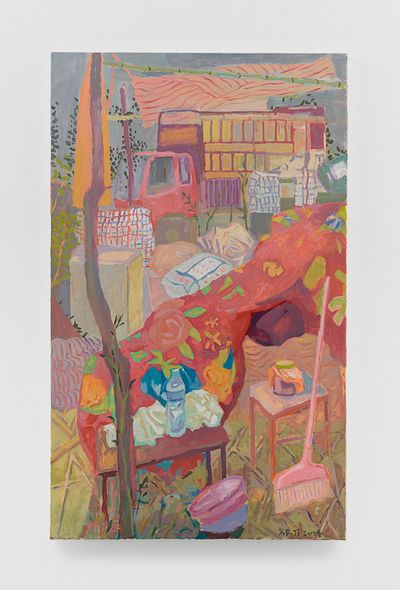 Yun-Fei Ji, Red Bedding, Red Truck (2024). Oil on canvas. 152.4 x 91.4 cm.