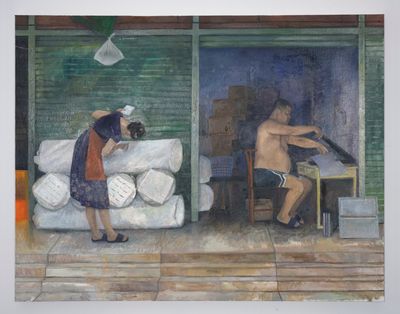 Nathanaëlle Herbelin, Textile Industry (2024). Oil on linen. 100 × 130 cm.