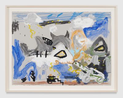 Robert Nava, Thunder Cloud Tidal Wave (2024). Acrylic, crayon, and grease pencil on paper. 56.5 × 76.2 cm.
