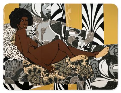 Mickalene Thomas, A Little Taste Outside of Love (2007). Rhinestones, acrylic, and enamel on wood panel. 274.3 x 365.8 cm.
