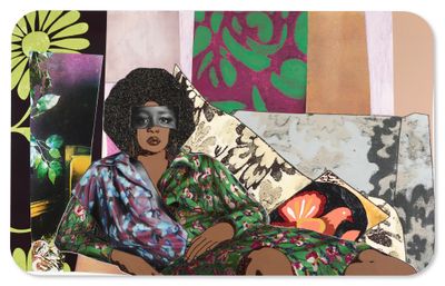 Mickalene Thomas, Afro Goddess Looking Forward (2015). Rhinestones, acrylic, and oil on wood panel. 152.4 x 243.8 cm.