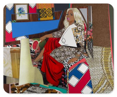Mickalene Thomas, Din avec la main dans le miroir et jupe rouge (2023). Rhinestones, acrylic, and glitter on canvas mounted on wood panel. 228.6 x 279.4 cm.