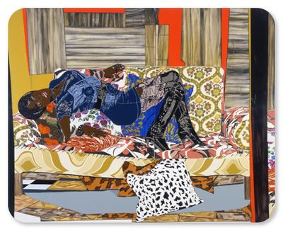 Mickalene Thomas, Naughty Girls (Need Love Too) (2009). Rhinestones, acrylic, and enamel on wood panel. 243.8 x 304.8 cm.