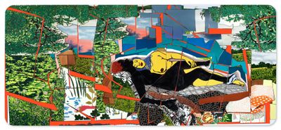 Mickalene Thomas, Sleep: Deux Femmes Noires (2012). Rhinestones, acrylic, and enamel on wood panel. 274.3 x 609.6 cm.
