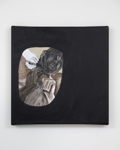 Shadi Al-Atallah, rolled up in his right hand (2025). Acrylic, charcoal, ink, and chinagraph pencil. 50 x 50 x 3.5 cm.