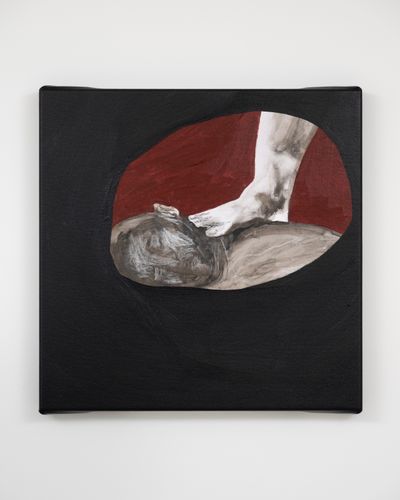 Shadi Al-Atallah, one to w(hole) to one (2025). Acrylic, charcoal, ink, and chinagraph pencil. 50 x 50 x 3.5 cm.