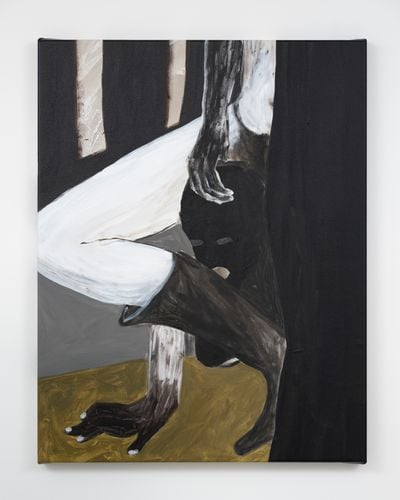 Shadi Al-Atallah, a seeping warmth (2025). Acrylic, charcoal, ink, and chinagraph pencil. 90 x 70 x 3.5 cm.